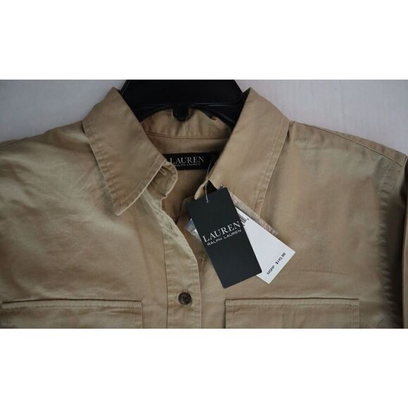 Lauren Ralph Lauren Women Sz M Tan Leather Patch Featherweight Twill Shirt - Picture 4 of 12